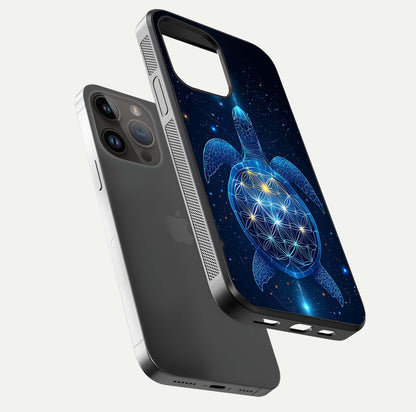 Crimson Blue Turtle Glass Case for iPhone 14 Pro Max floating mockup showing reflection polish and deep hues
