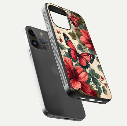 Crimson Butterfly Garden Glass Case for iPhone 14 Pro Max floating mockup showing HD gloss and vivid art