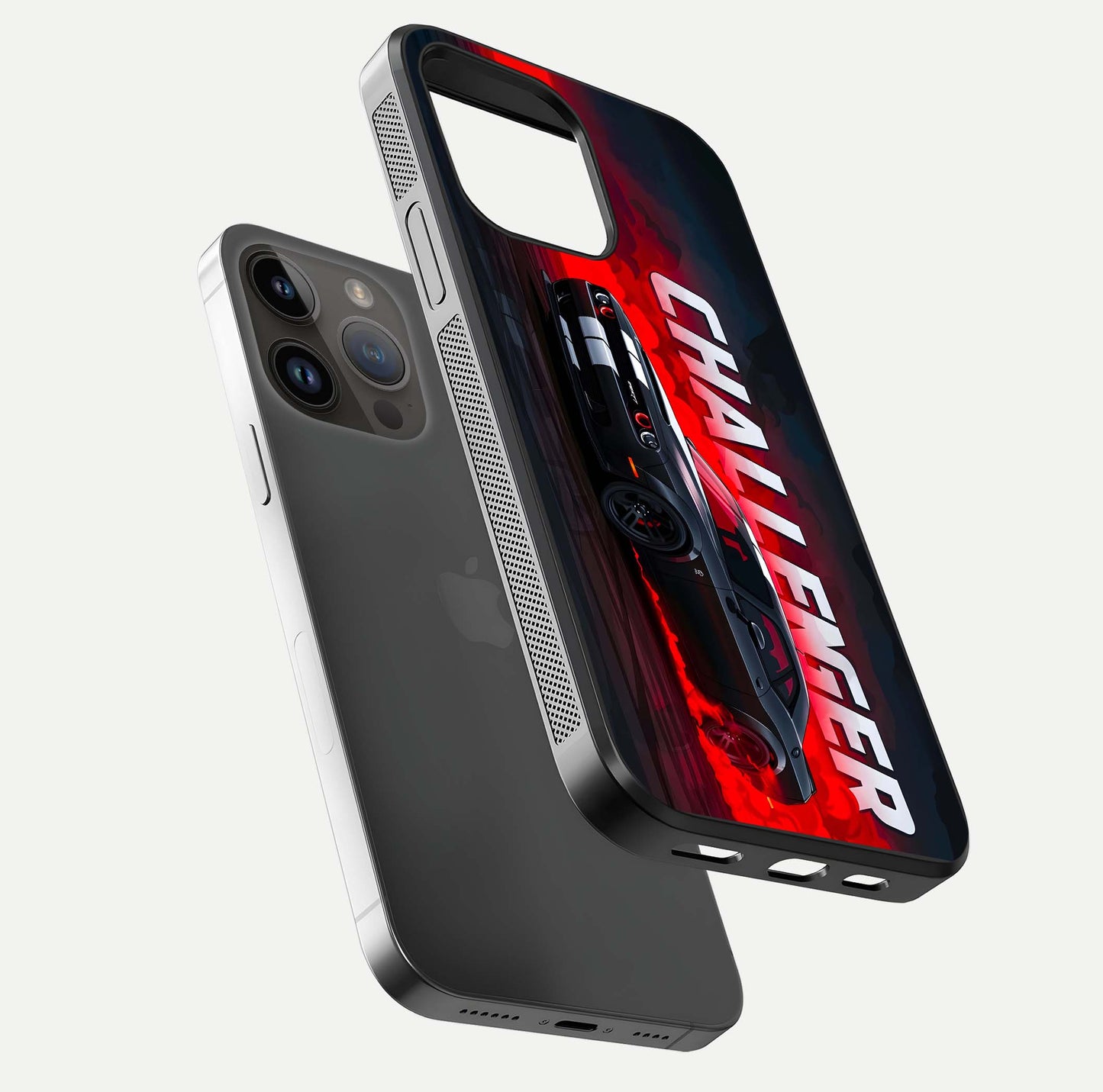 Crimson Challenger Fury Glass Case for iPhone 14 Pro Max floating mockup showing HD gloss and sleek shine