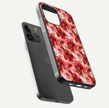 Crimson Love Petals Glass Case for iPhone 14 Pro Max floating mockup showing HD gloss and vivid detail