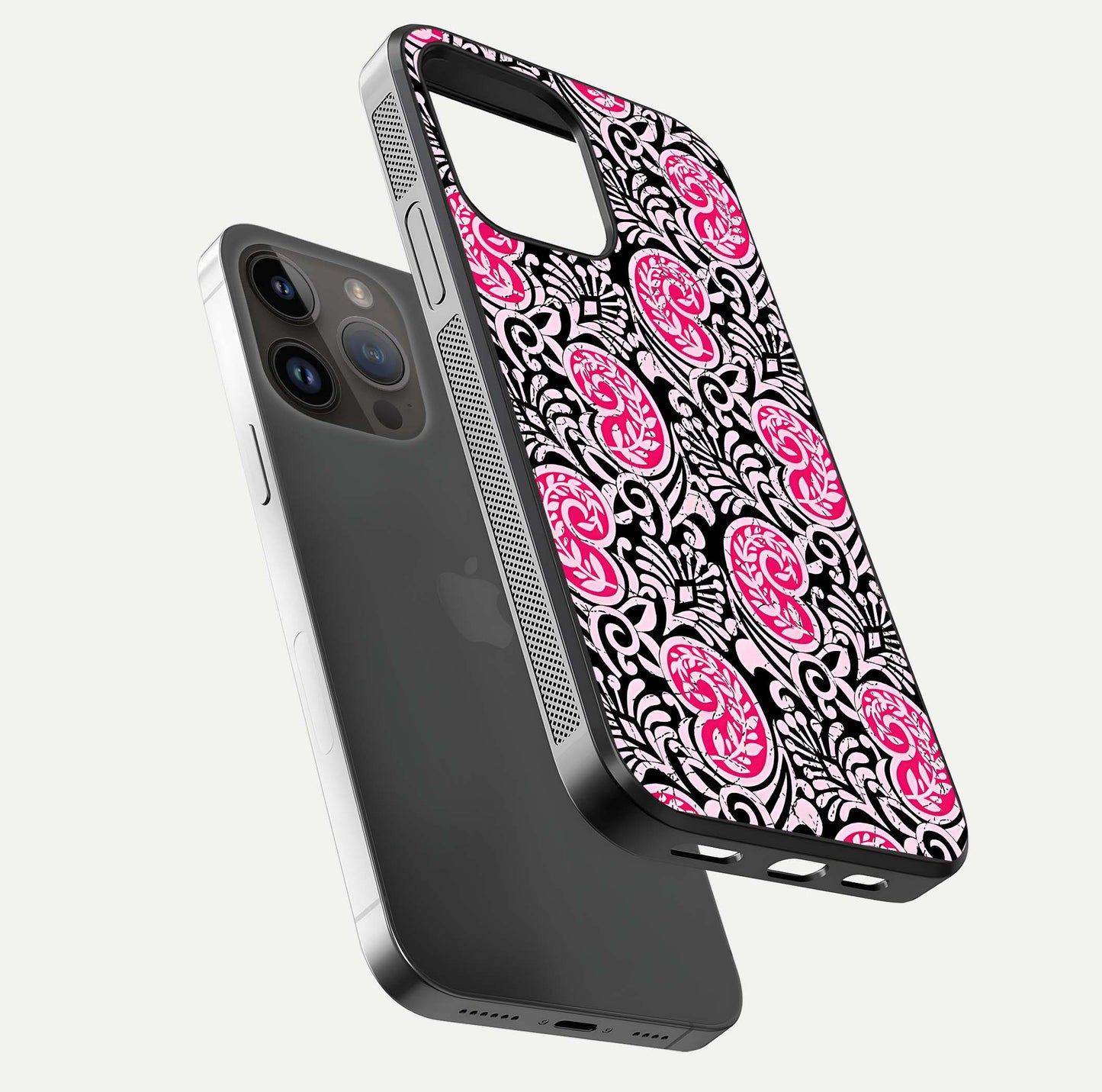 Crimson Paisley Charm Glass Case for iPhone 14 Pro Max floating mockup showing gloss shine and texture clarity