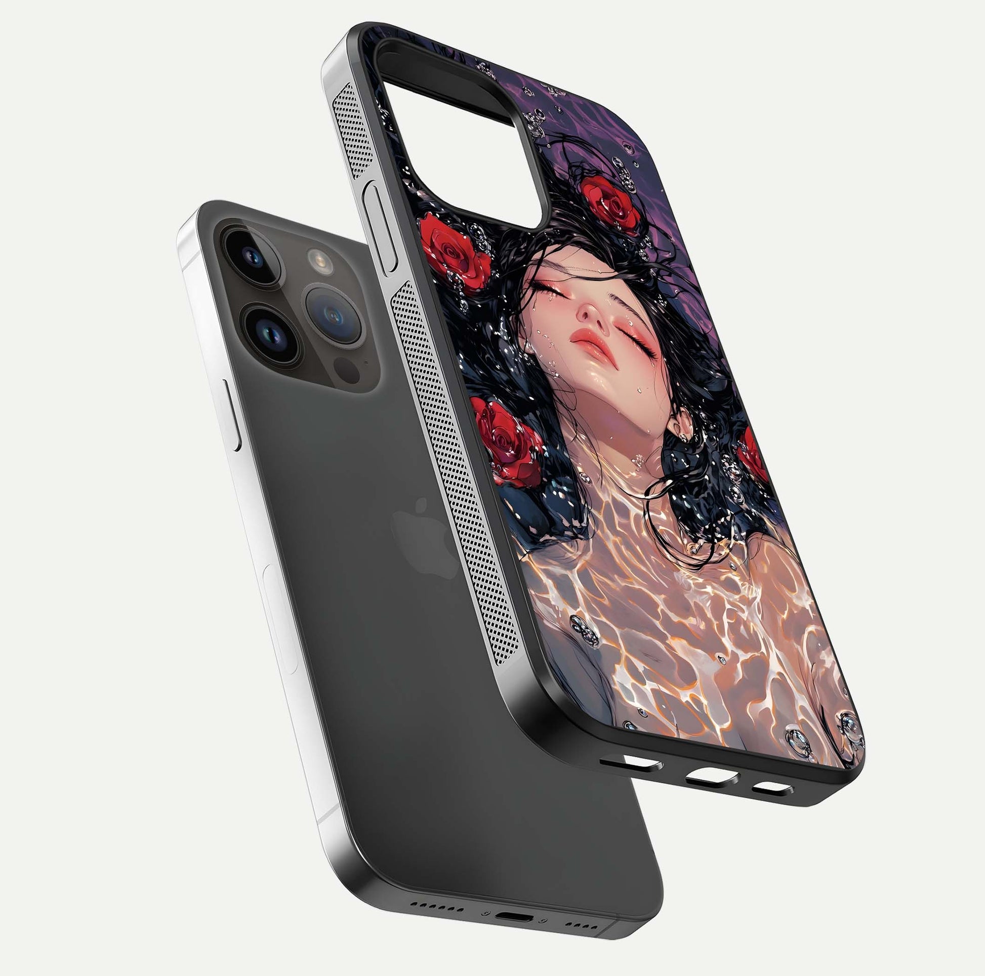 Crimson Rose Serenity Glass Case for iPhone 14 Pro Max floating mockup showing HD gloss and floral texture