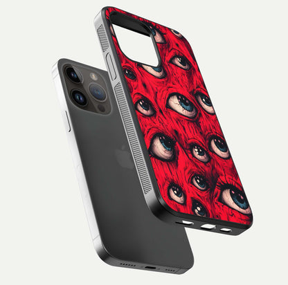 Crimson Watch Eyes Glass Case for iPhone 14 Pro Max floating mockup showing HD polish and bright gloss