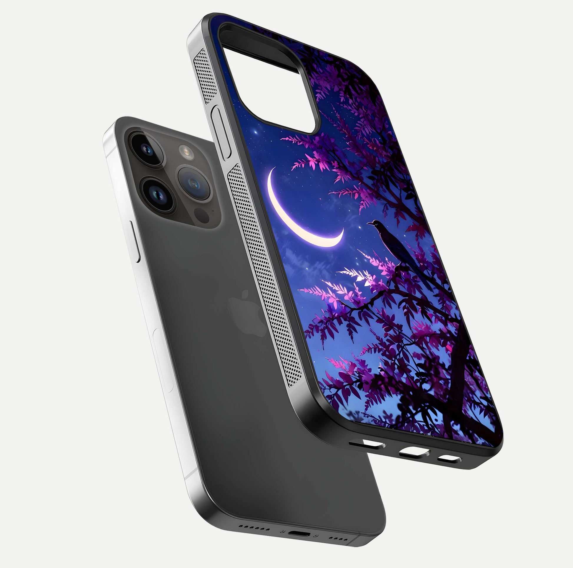Crow & Moon Scenery Glass Case for iPhone 14 Pro Max floating mockup showing HD gloss texture and soft moonlight glow