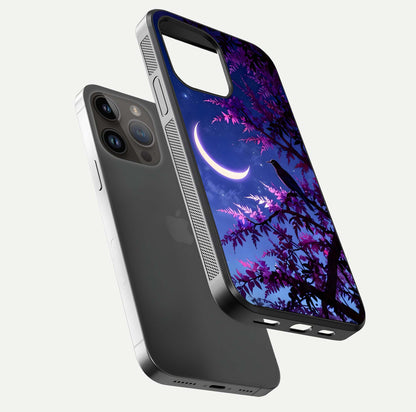 Crow & Moon Scenery Glass Case for iPhone 14 Pro Max floating mockup showing HD gloss texture and soft moonlight glow