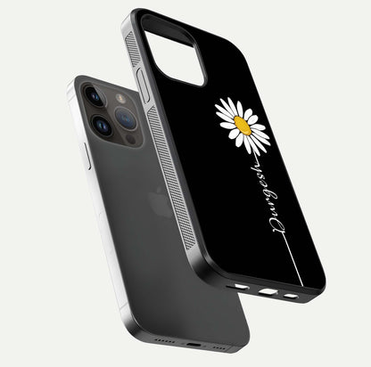 Custom Name White Flower Glass Case for iPhone 14 Pro Max floating mockup displaying HD gloss and delicate texture