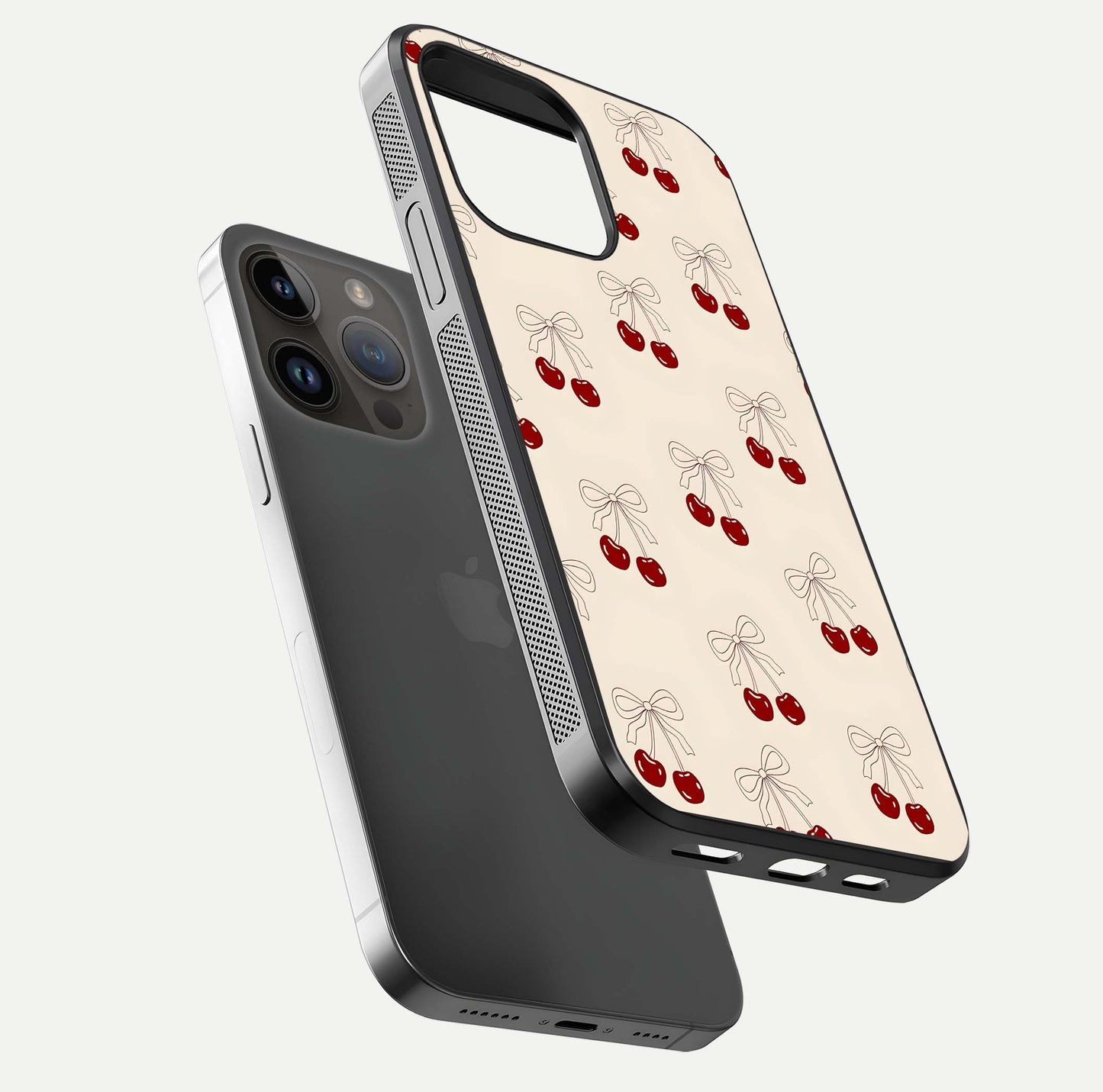 Cute Cherry Pattern Glass Case for iPhone 14 Pro Max floating mockup showing HD gloss shine and clear tones