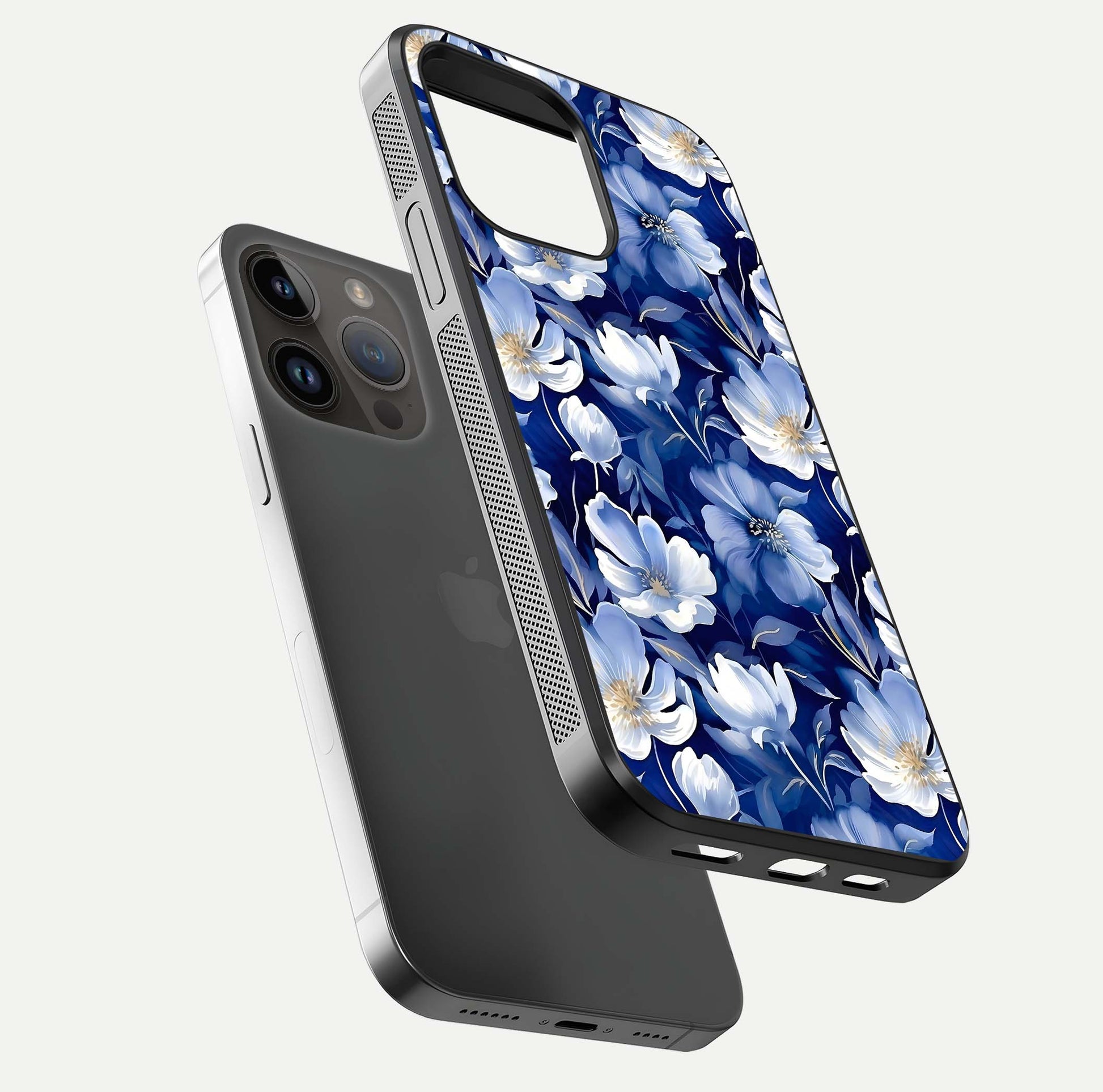 Cute Floral Patterns Glass Case for iPhone 14 Pro Max floating mockup showing shine depth and design clarity