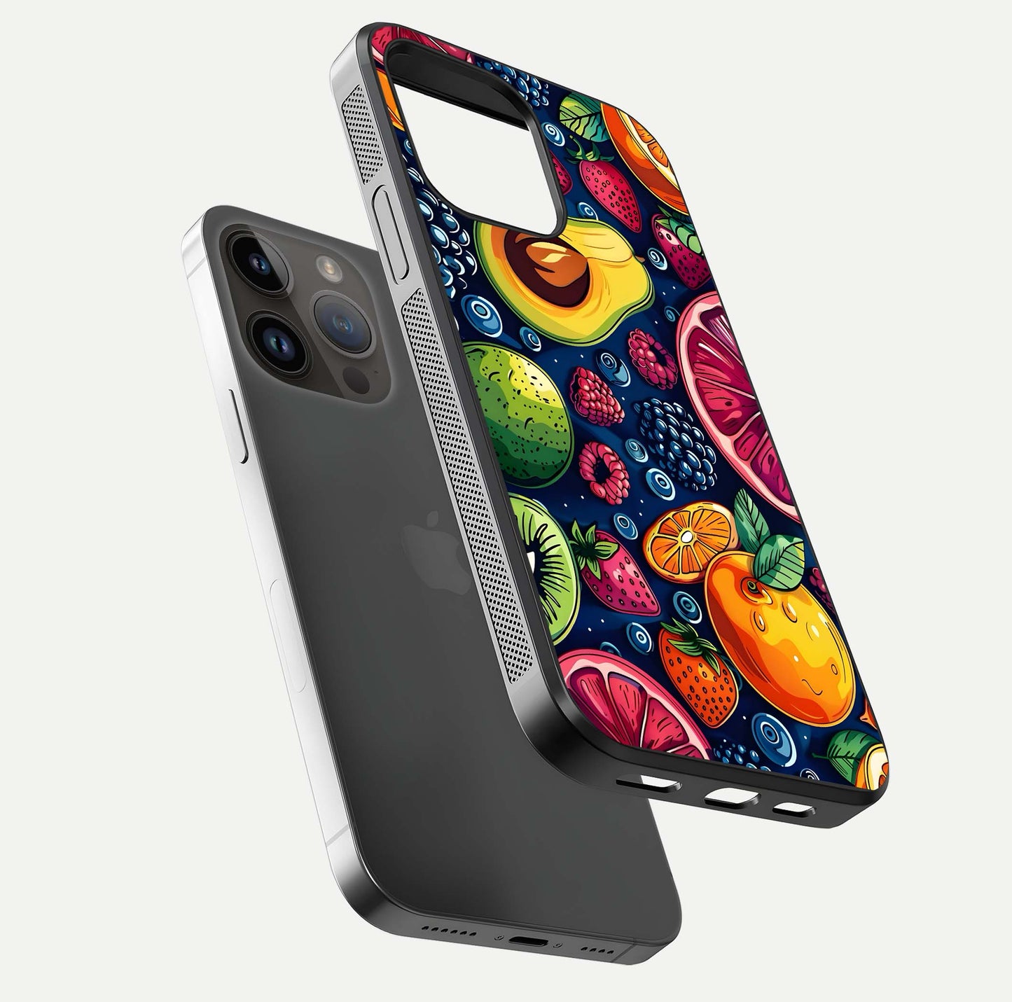 Cute Fruits Art Glass Case for iPhone 14 Pro Max floating mockup showing gloss brightness and vivid artwork