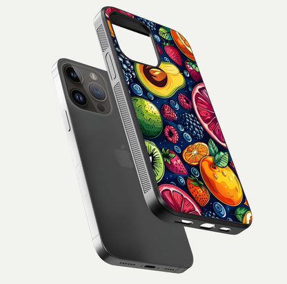 Cute Fruits Art Glass Case for iPhone 14 Pro Max floating mockup showing gloss brightness and vivid artwork
