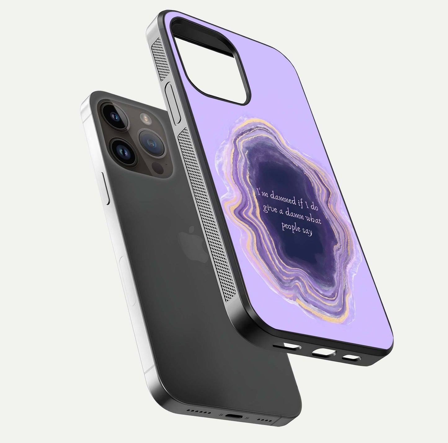 Damned People Quote Glass Case for iPhone 14 Pro Max floating mockup showing gloss reflection and text balance