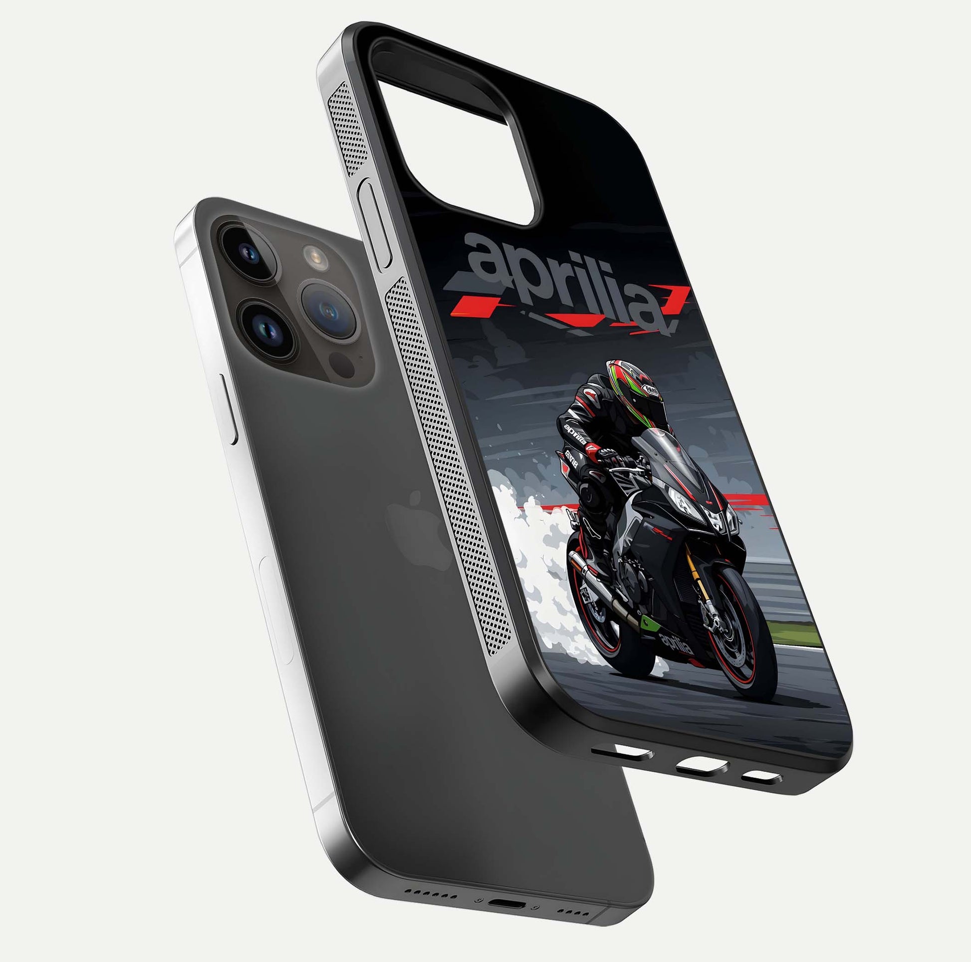 Dark Aprilla Glass Case for iPhone 14 Pro Max floating mockup showing glossy contrast and texture clarity