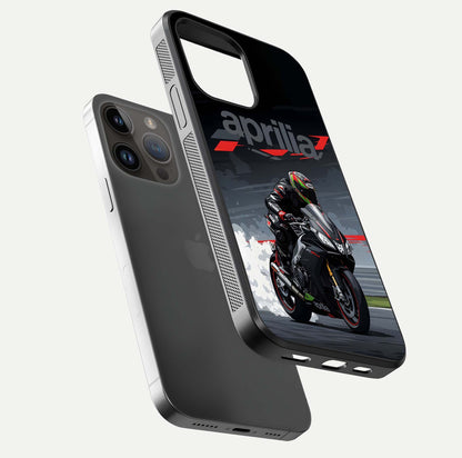 Dark Aprilla Glass Case for iPhone 14 Pro Max floating mockup showing glossy contrast and texture clarity
