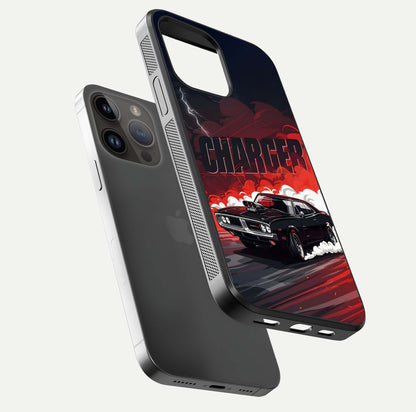 Dark Charger Fury Glass Case for iPhone 14 Pro Max floating mockup showing reflection depth and shiny surface