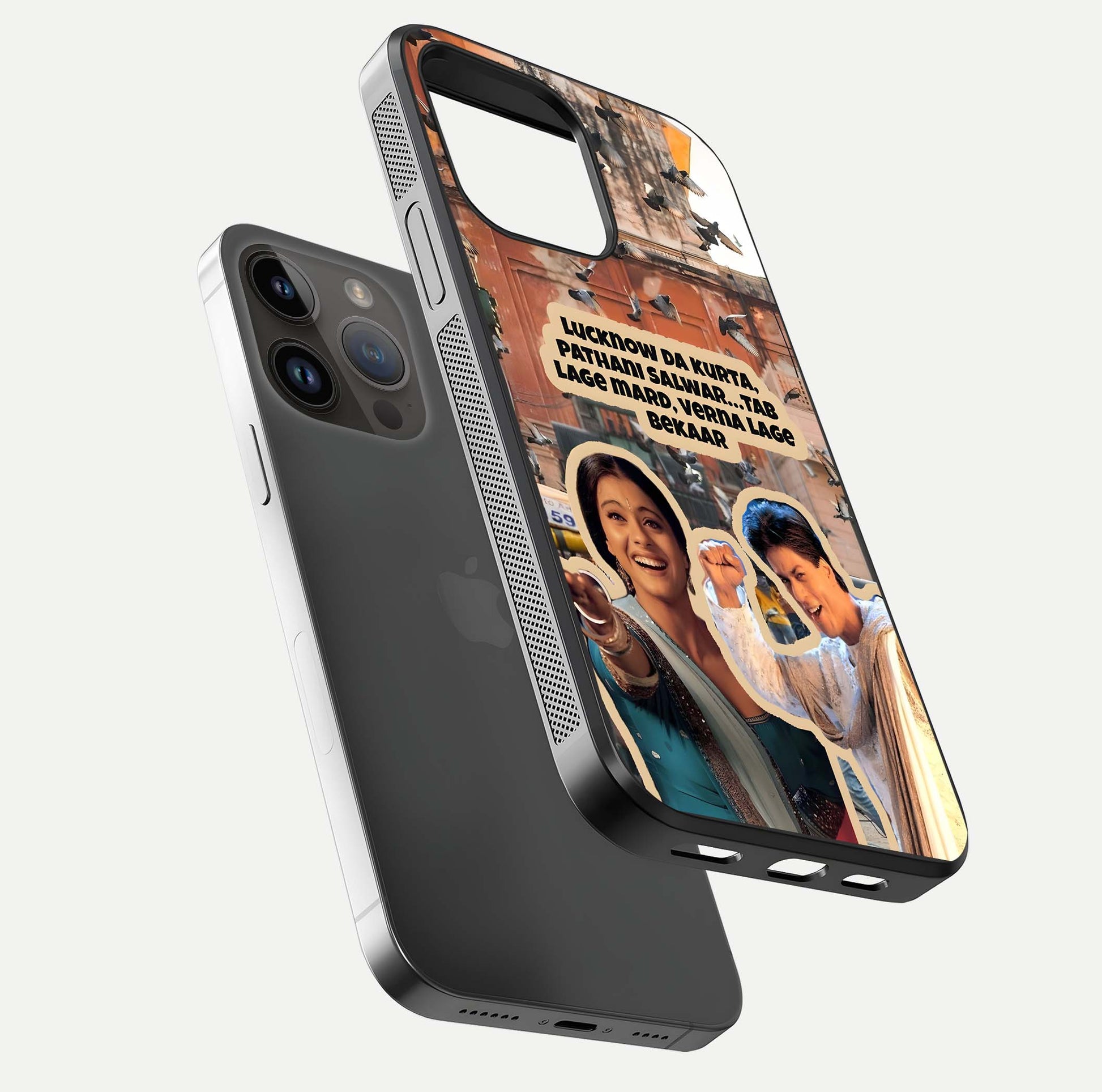 Desi Retro Vibes Glass Case for iPhone 14 Pro Max floating mockup showing shine polish and vivid tones