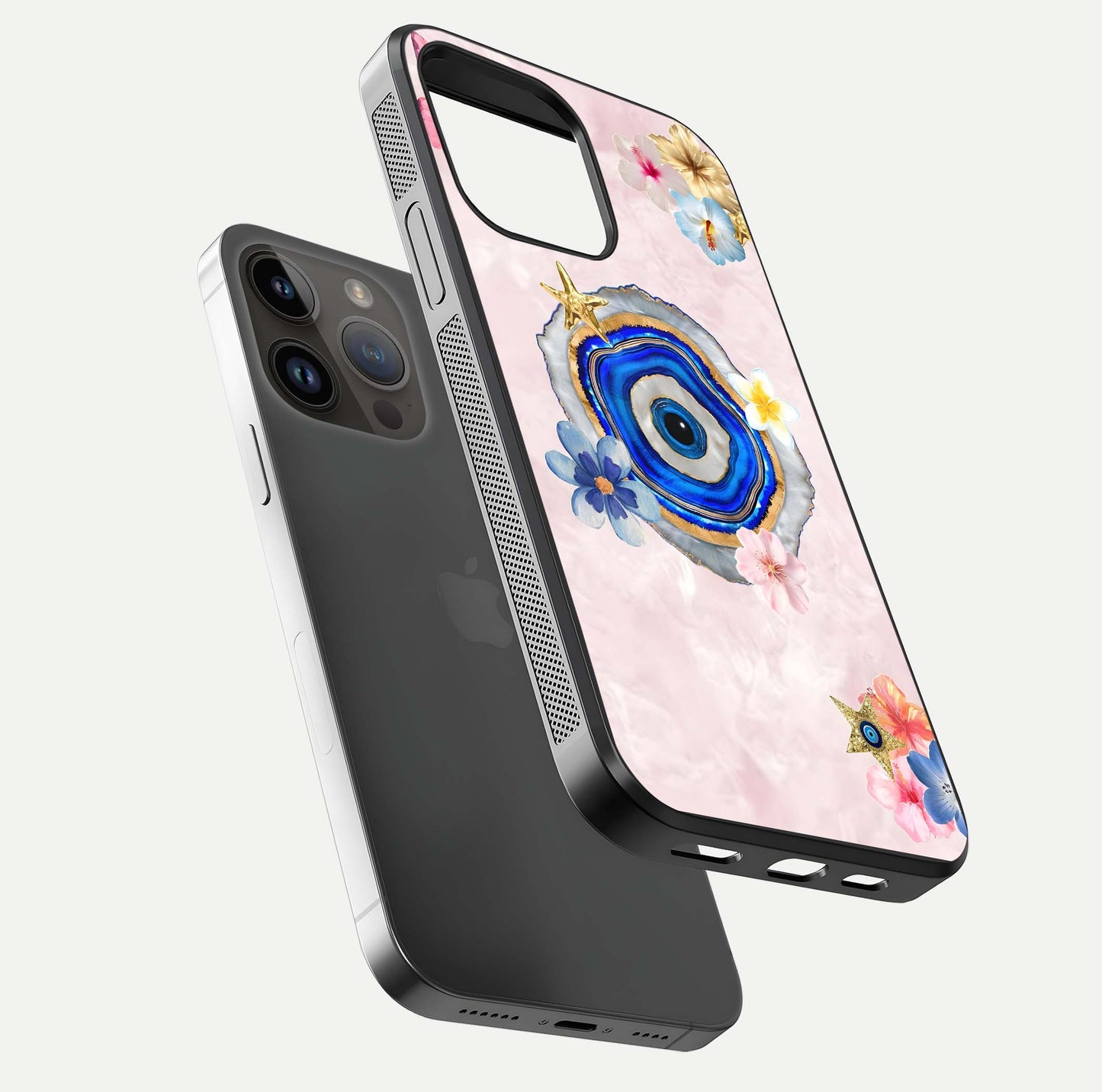 Divine Aura Bloom Glass Case for iPhone 14 Pro Max floating mockup showing gloss texture and elegant design