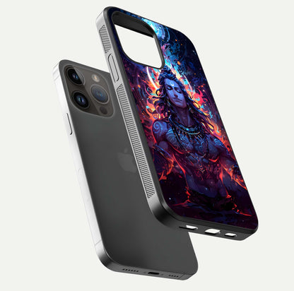 Divine Fire Shiv Glass Case for iPhone 14 Pro Max floating mockup showing glow texture and gloss finish