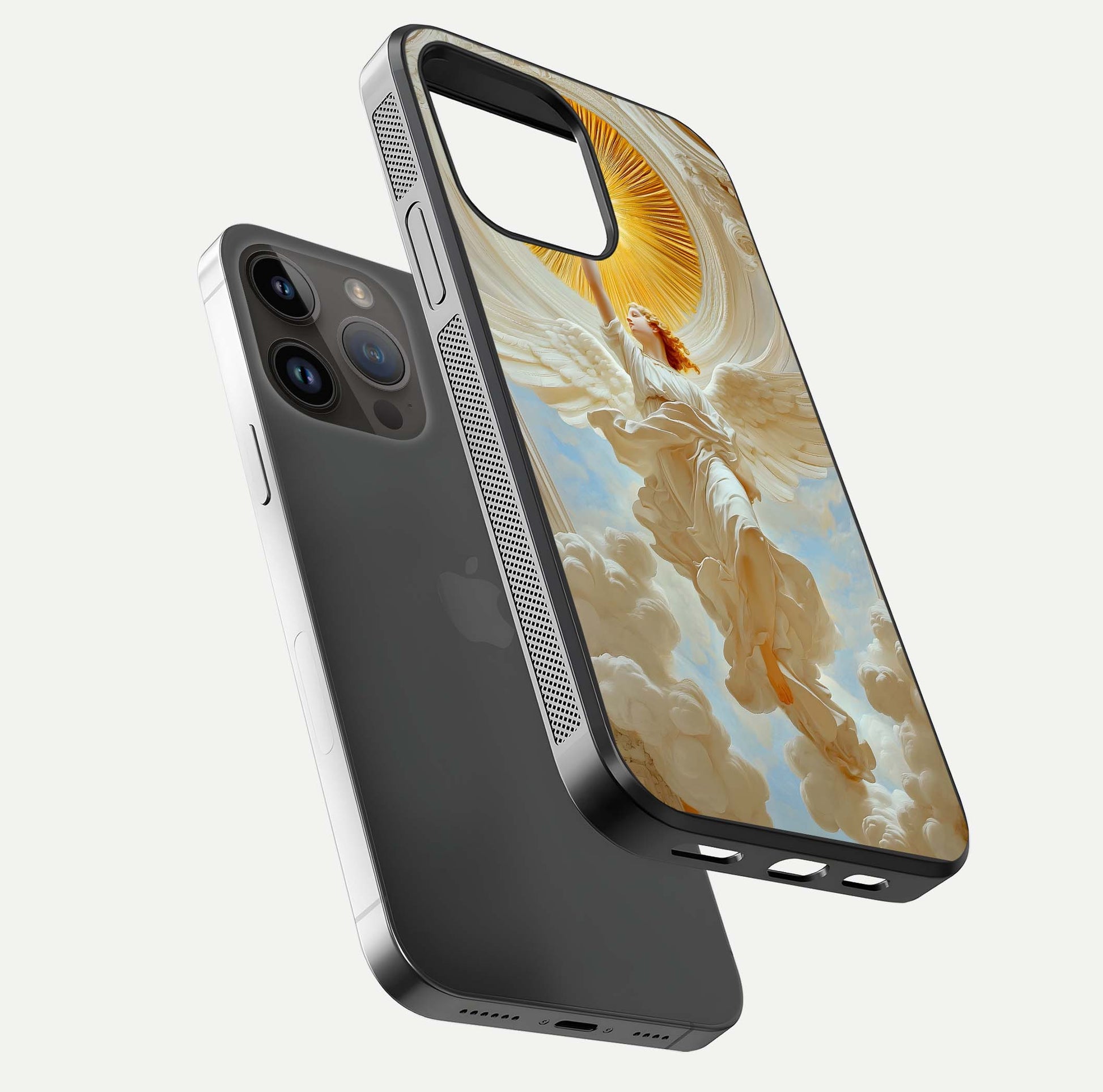Divine Light Angel Glass Case for iPhone 14 Pro Max floating mockup showing gloss texture and radiant light