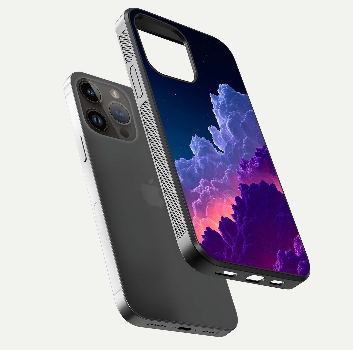 Dreamy Cloud Skies Glass Case for iPhone 14 Pro Max floating mockup showing glossy depth and delicate tone