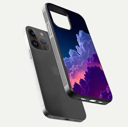 Dreamy Cloud Skies Glass Case for iPhone 14 Pro Max floating mockup showing glossy depth and delicate tone