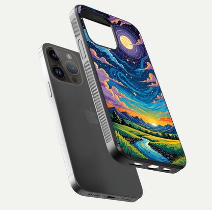 Dreamy Night Landscape Glass Case for iPhone 14 Pro Max floating mockup showing glossy depth and serene color