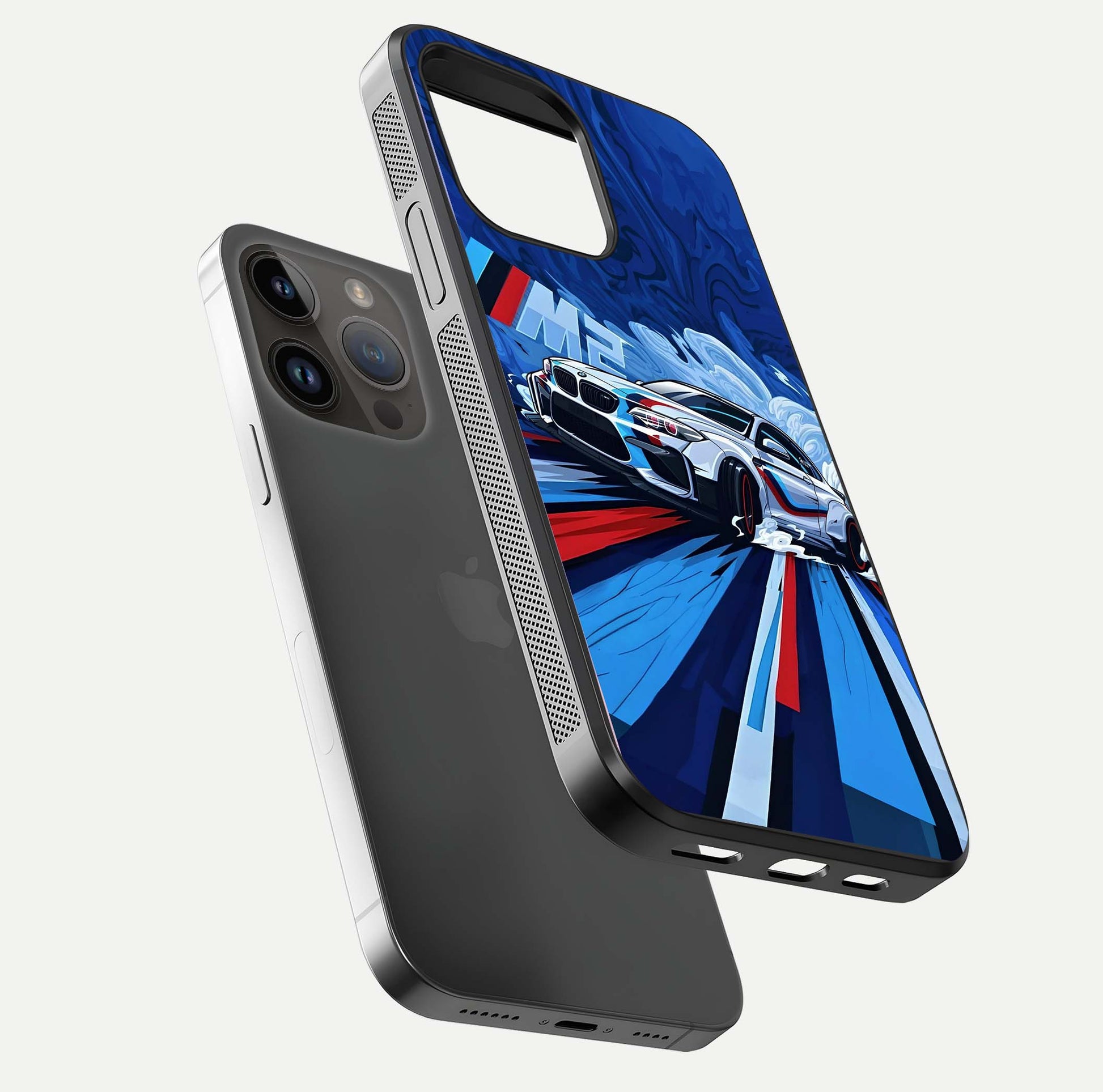 Drift Power Rush Glass Case for iPhone 14 Pro Max floating mockup showing gloss polish and speed-theme design