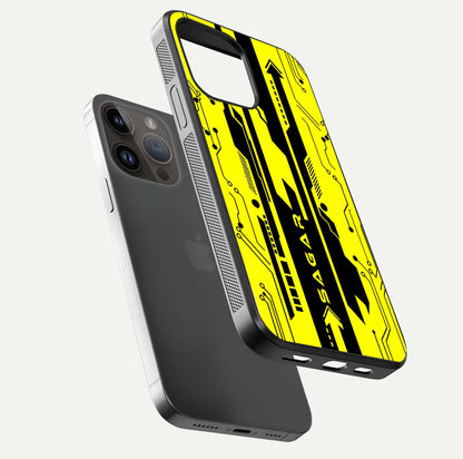 Electric Pulse CYBERPUNK Custom Name Glass Case for iPhone 14 Pro Max floating mockup showing HD gloss and vibrant cyberpunk glow
