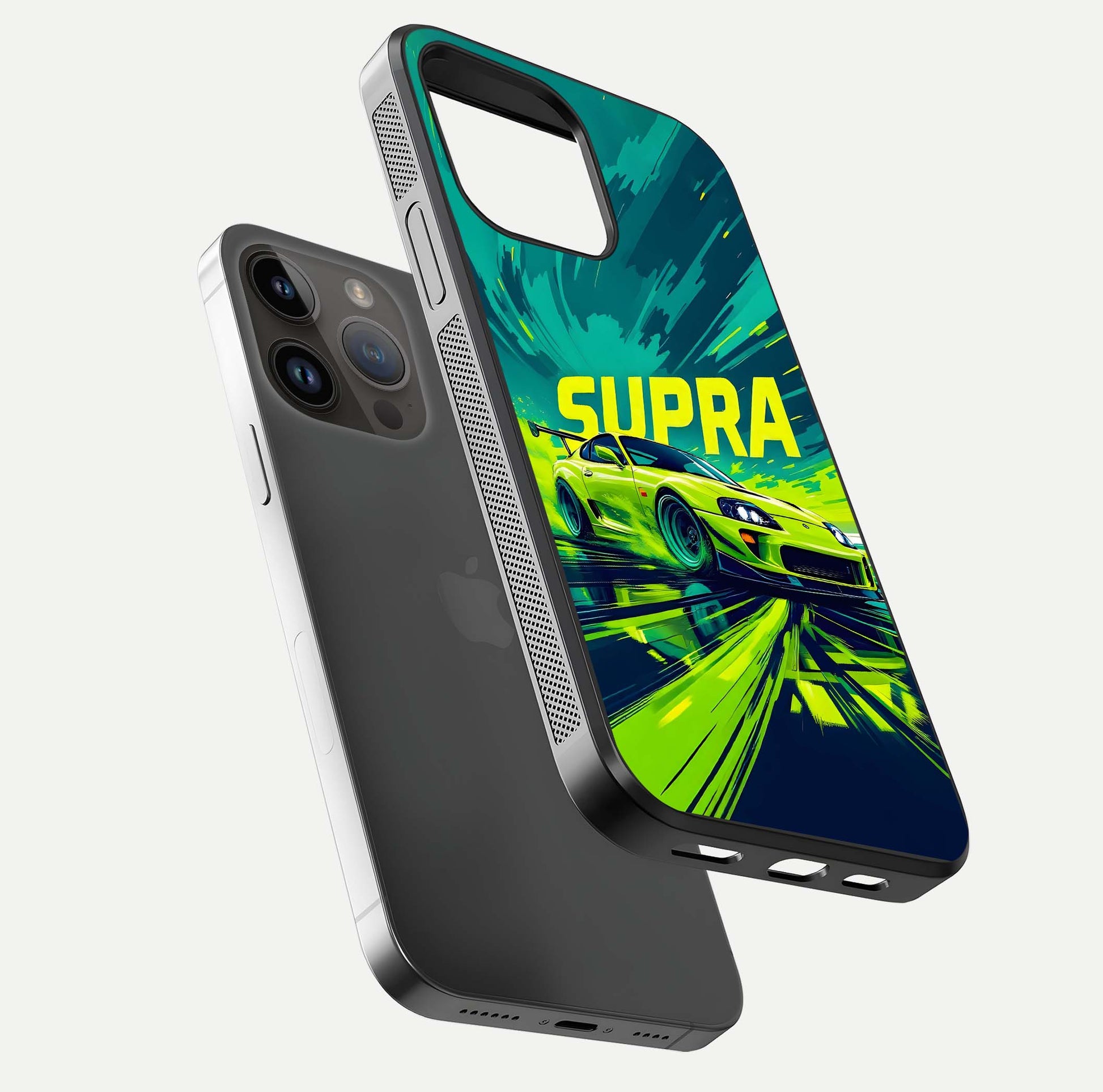 Electric Supra Thunder Glass Case for iPhone 14 Pro Max floating mockup showing gloss depth and energy glow