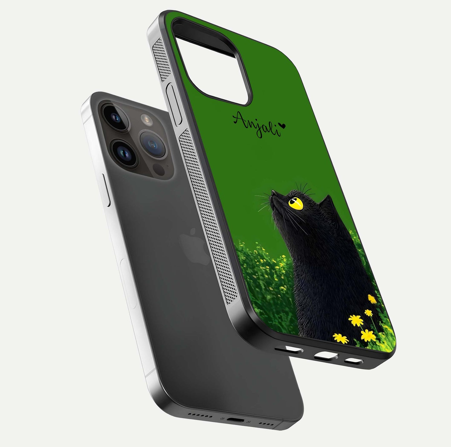 Emerald Cat Custom Name Glass Case for iPhone 14 Pro Max floating mockup showing HD gloss and soft gradient