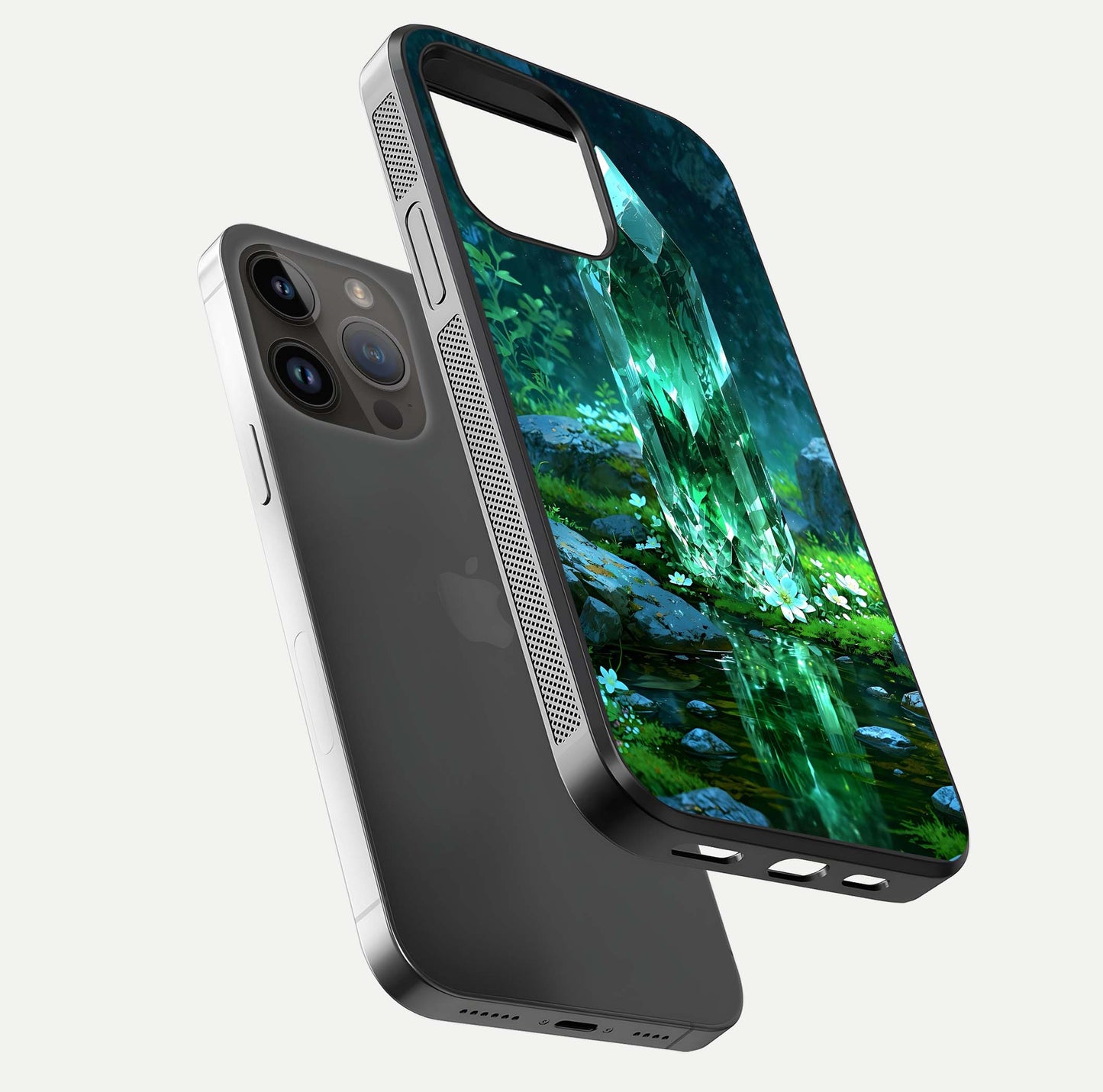 Emerald Light Crystal Glass Case for iPhone 14 Pro Max floating mockup showing glossy finish and radiant light pattern