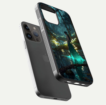 Enchanted Forest Glow Glass Case for iPhone 14 Pro Max floating mockup showing gloss polish and fantasy vibe