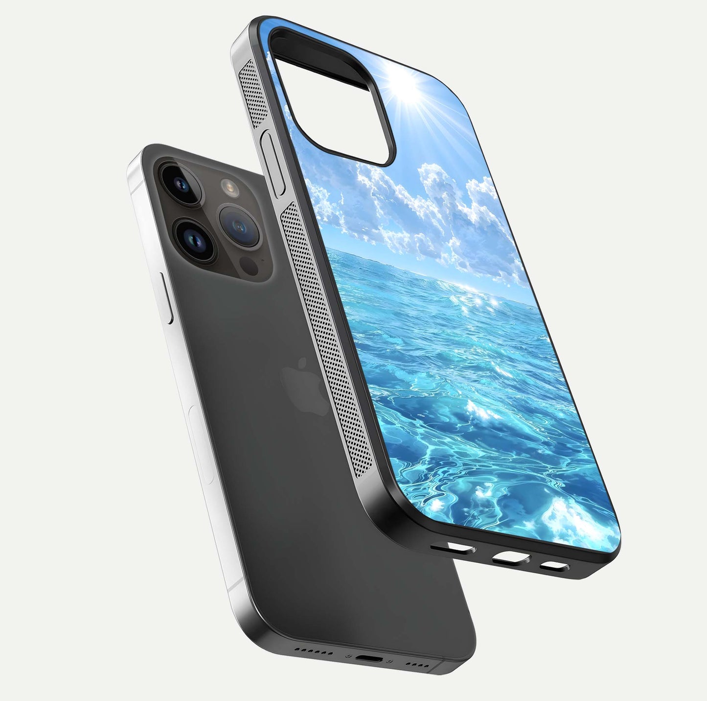 Endless Ocean Horizon Glass Case for iPhone 14 Pro Max floating mockup showing HD gloss and tranquil color