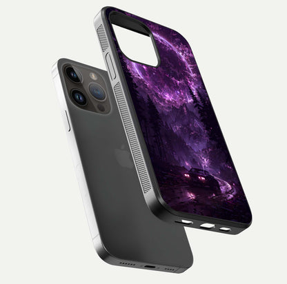 Eternal Cosmic Drive Glass Case for iPhone 14 Pro Max floating mockup showing glossy polish and vivid glow