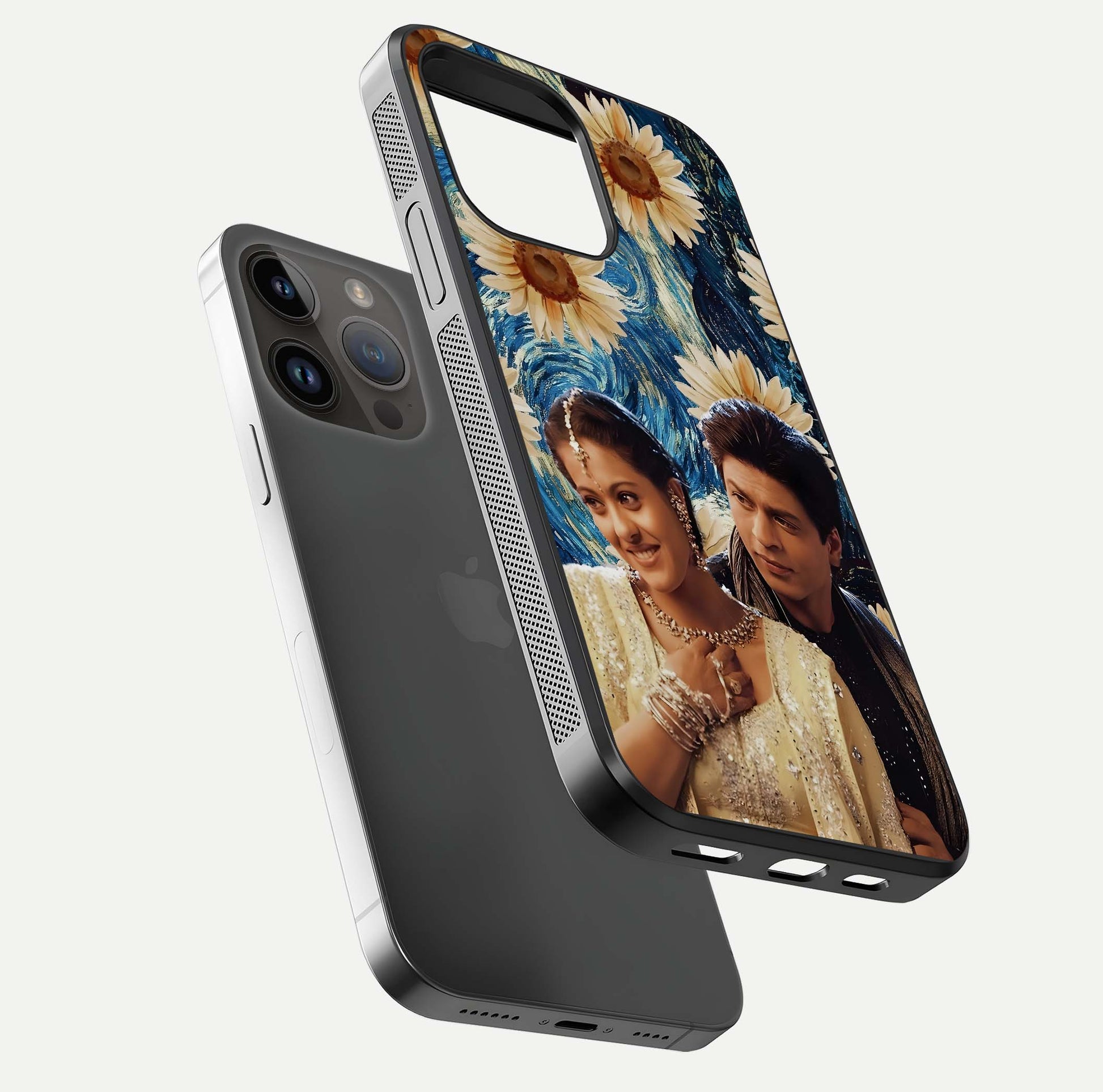 Eternal Love Story Glass Case for iPhone 14 Pro Max floating mockup showing glossy shine and romantic tone