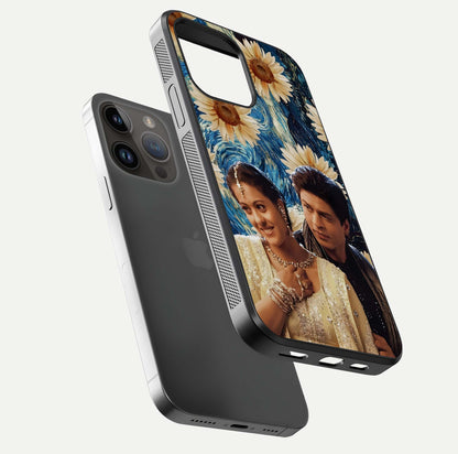 Eternal Love Story Glass Case for iPhone 14 Pro Max floating mockup showing glossy shine and romantic tone