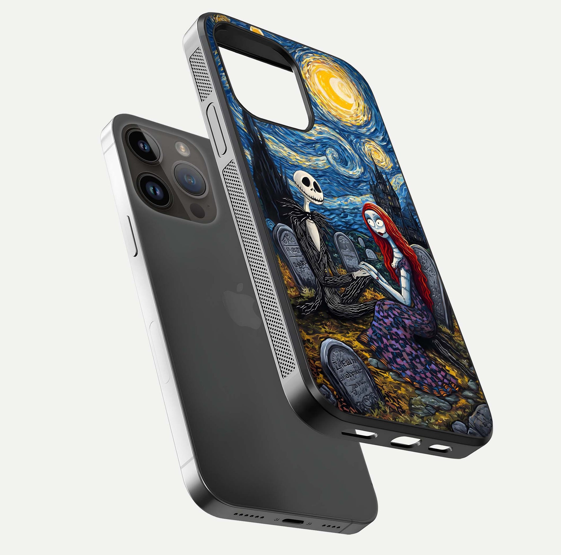 Eternal Night Love Glass Case for iPhone 14 Pro Max floating mockup showing gloss brightness and romantic vibe