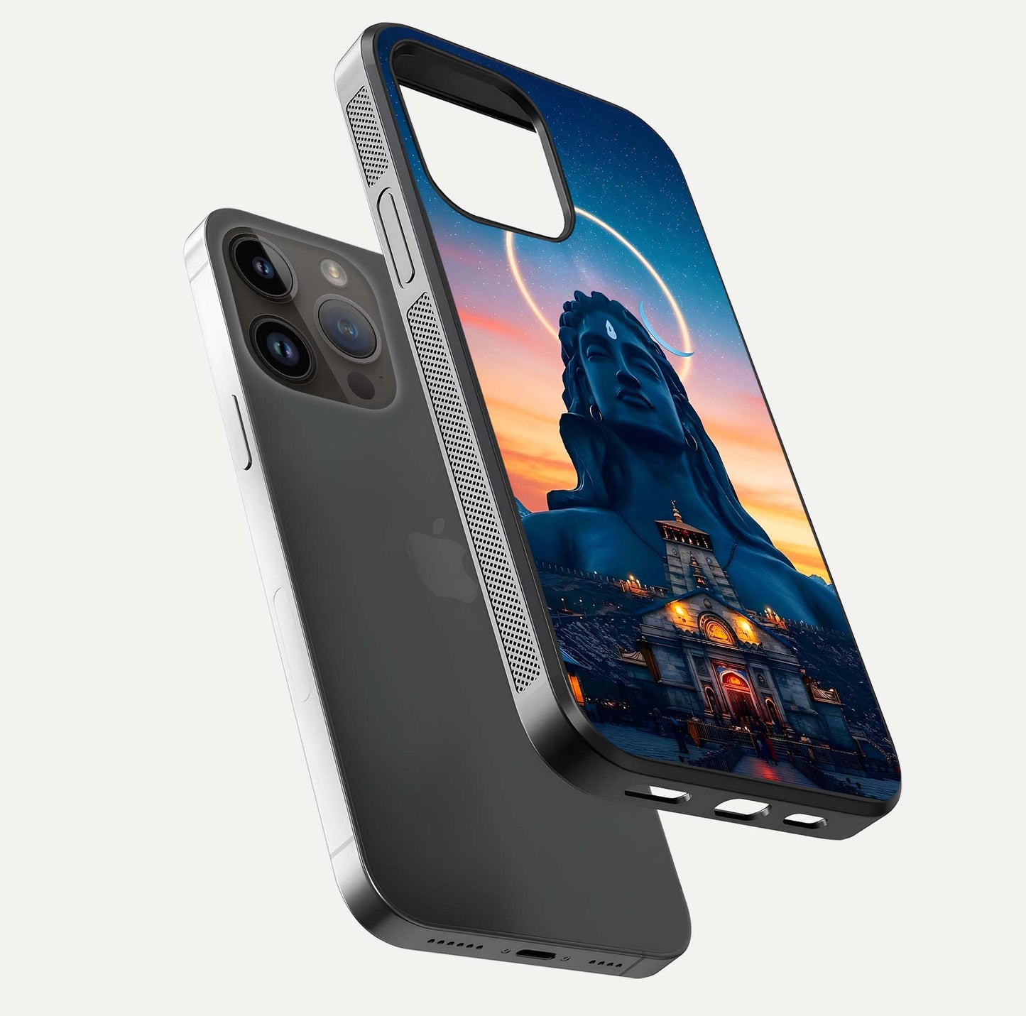 Eternal Shiva Aura Glass Case for iPhone 14 Pro Max floating mockup showing gloss texture and spiritual glow