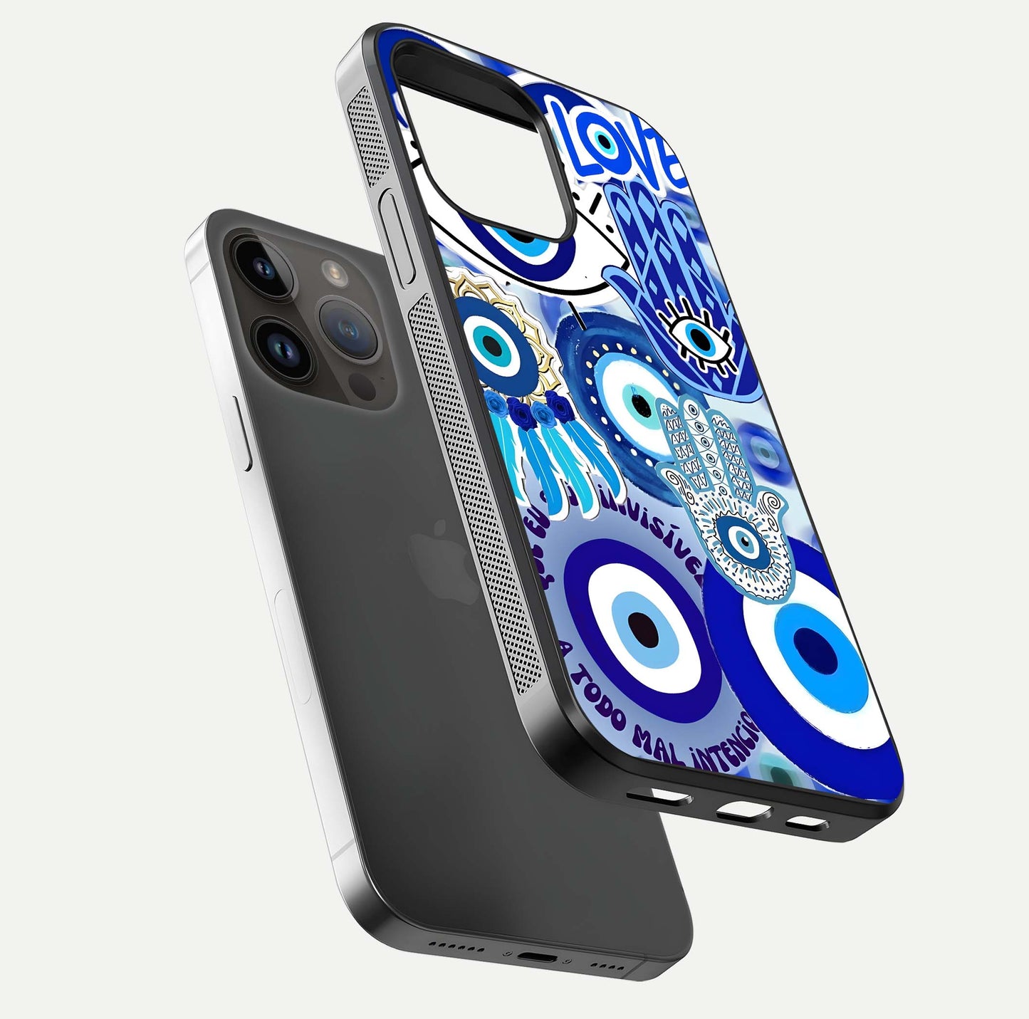 Evil Eyes Dream Glass Case for iPhone 14 Pro Max floating mockup showing glossy shine and elegant pattern clarity