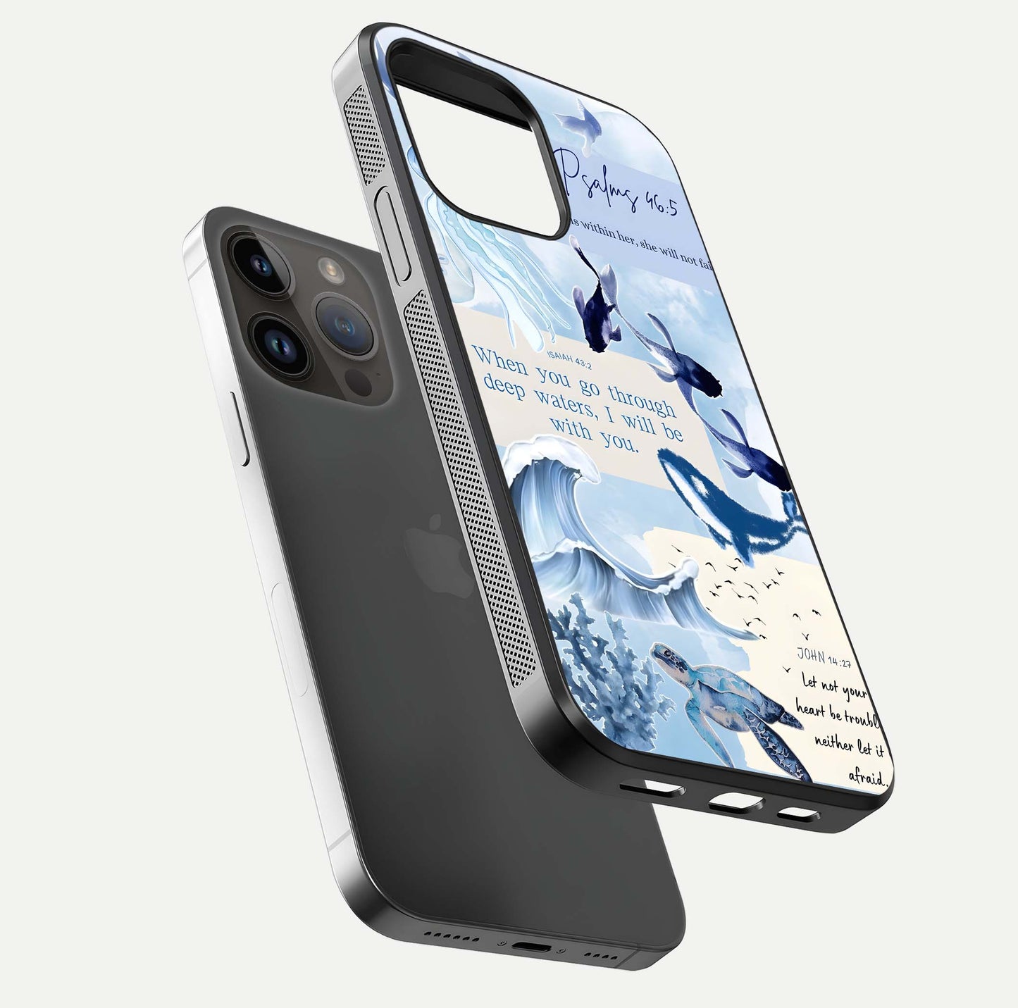 Faithful Ocean Promise Glass Case for iPhone 14 Pro Max floating mockup displaying glossy surface and vivid depth