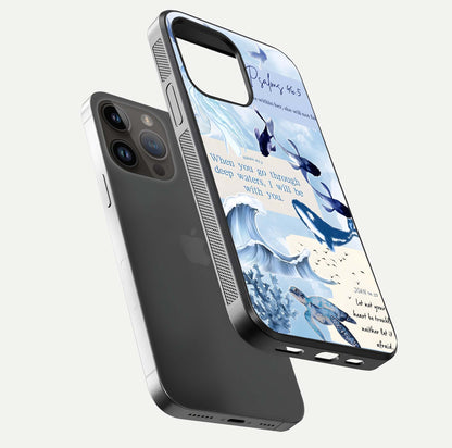 Faithful Ocean Promise Glass Case for iPhone 14 Pro Max floating mockup displaying glossy surface and vivid depth