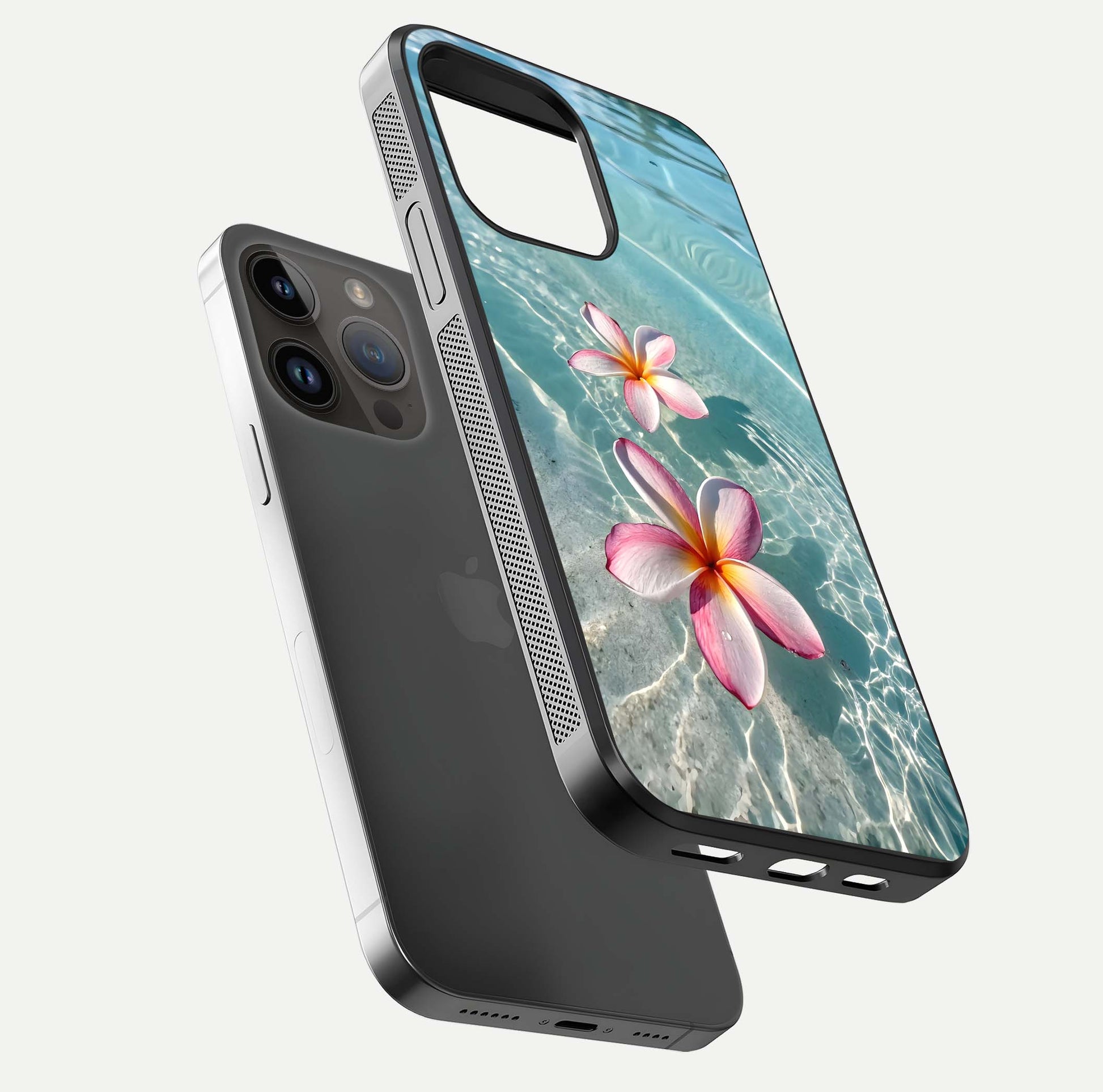 Floating Bloom Bliss Glass Case for iPhone 14 Pro Max floating mockup showing HD gloss shine and floral texture