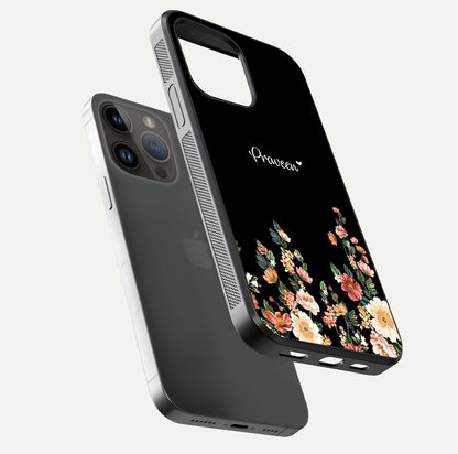 Floral Design Personalized Custom Name Glass Case for iPhone 14 Pro Max floating mockup showing reflection polish and vivid colors