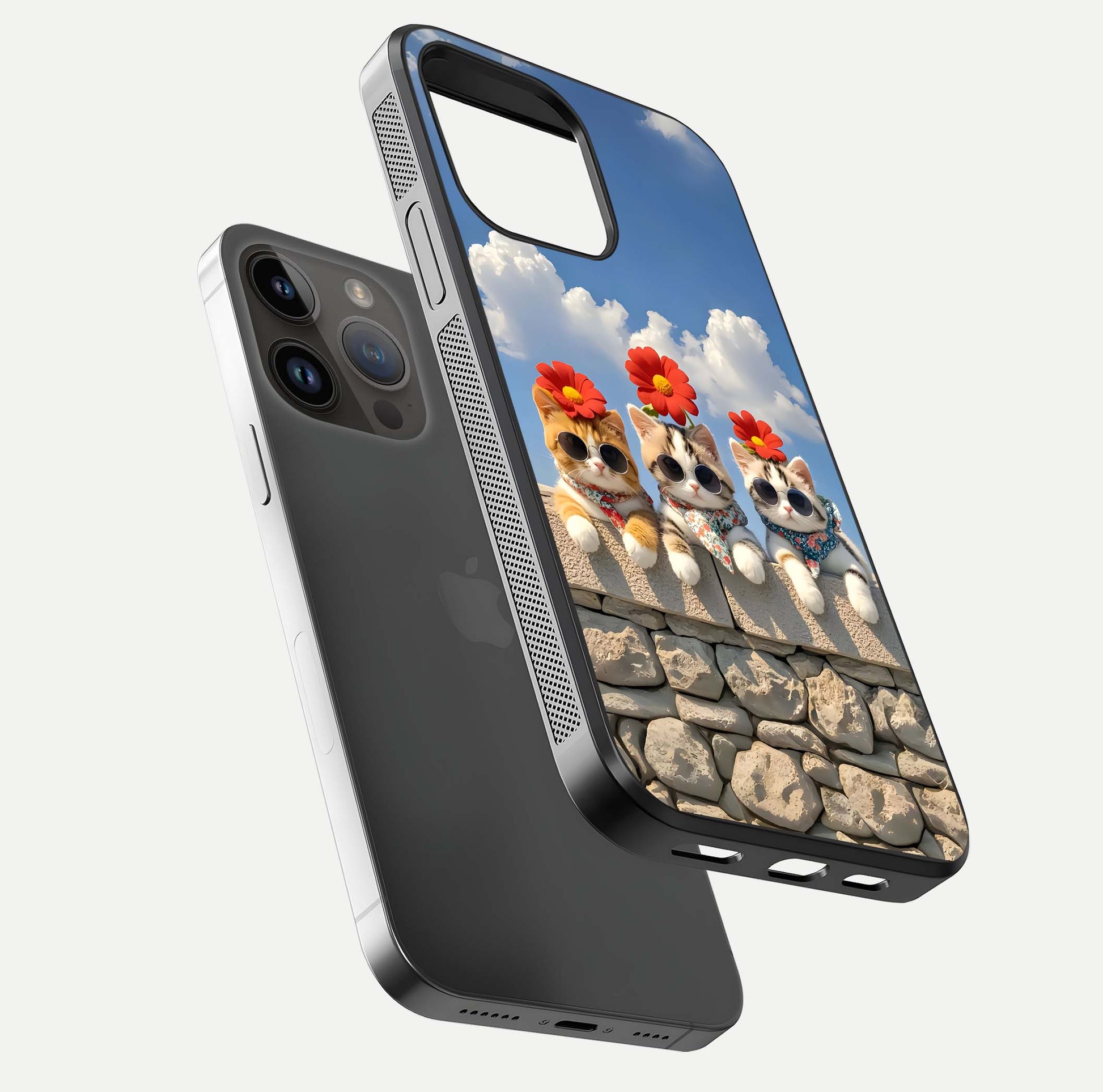 Floral Kitty Squad Glass Case for iPhone 14 Pro Max floating mockup showing gloss texture and playful charm