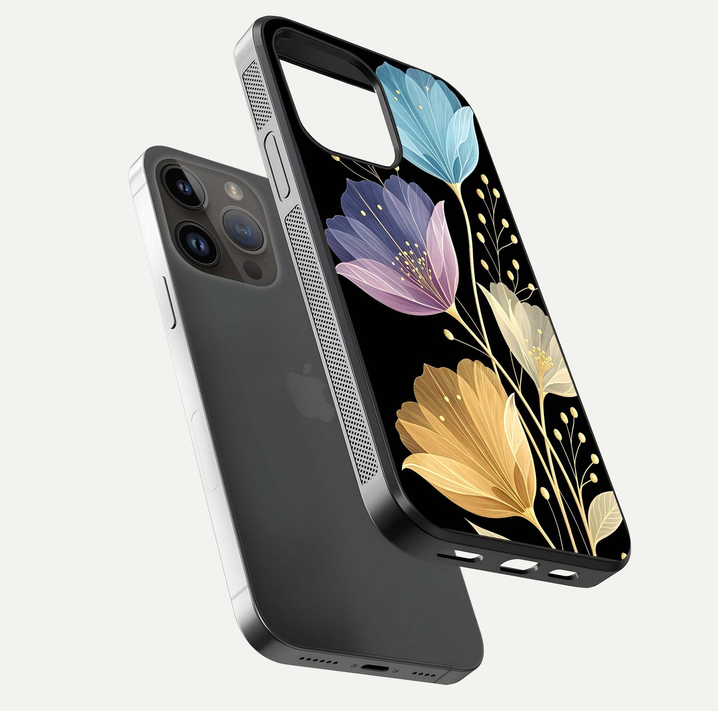 Flower Bloom Glow Glass Case for iPhone 14 Pro Max floating mockup showing HD shine and artistic detail