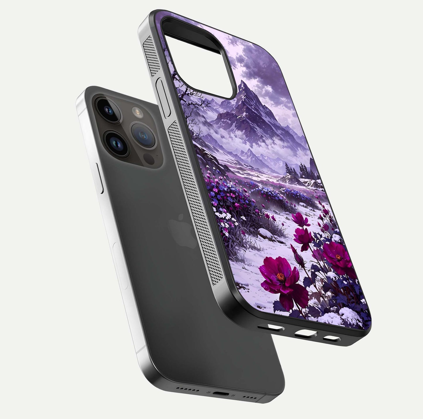 Flower Mountain View Glass Case for iPhone 14 Pro Max floating mockup showing reflection glow and artistic clarity