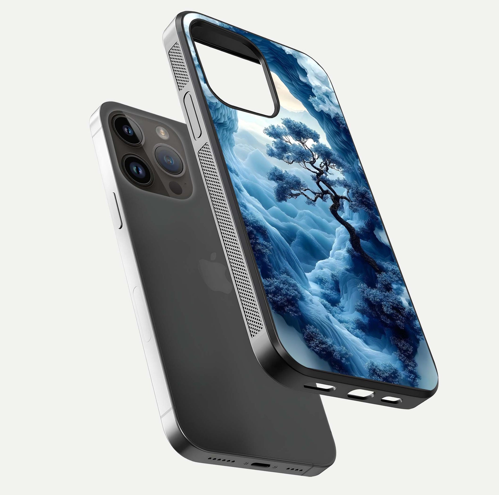 Frozen Serenity Gate Glass Case for iPhone 14 Pro Max floating mockup showing glossy depth and crystal glow