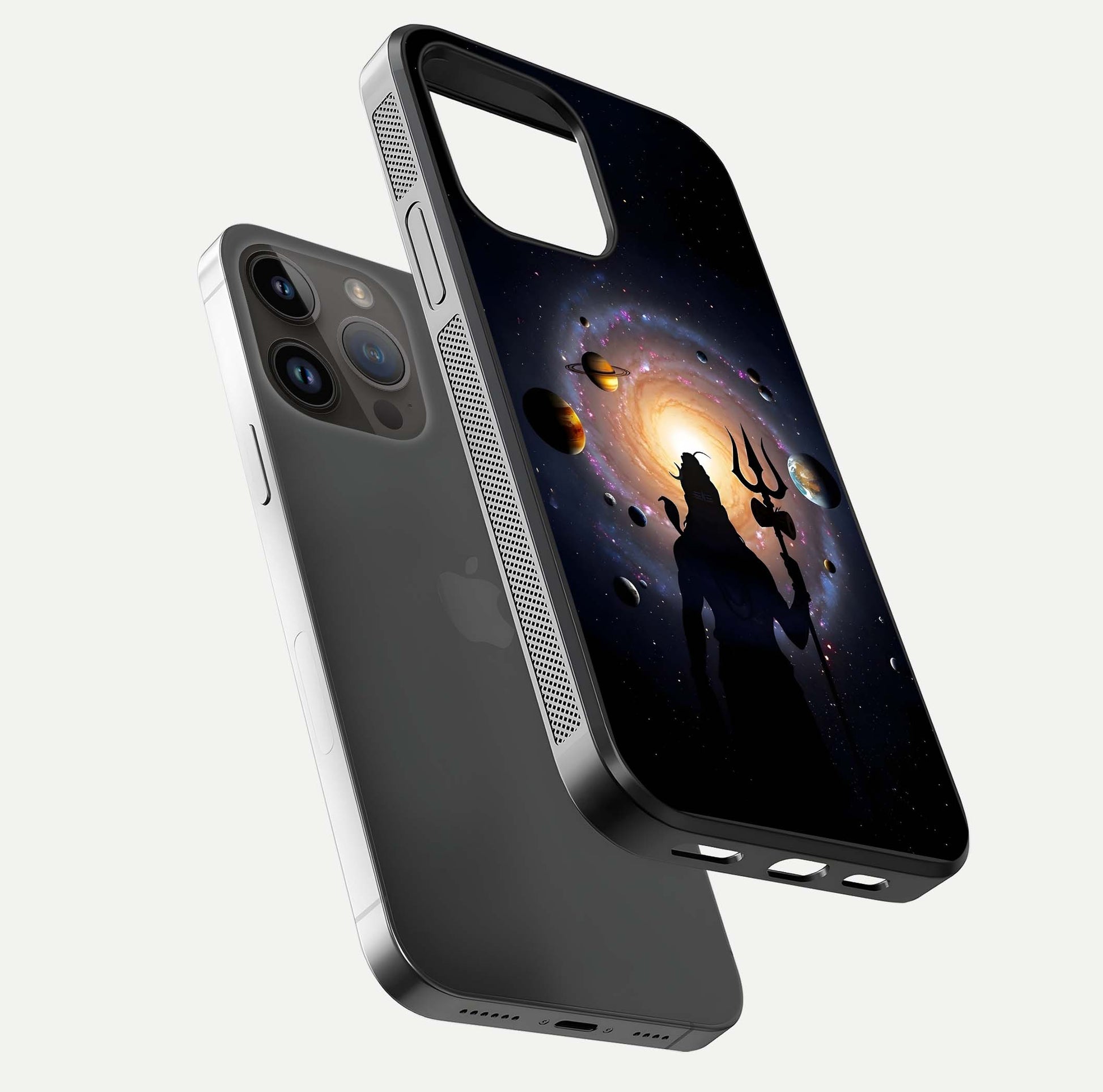 Galactic Shiva Vision Glass Case for iPhone 14 Pro Max floating dual-view mockup displaying vibrant cosmic colors and smooth gloss texture