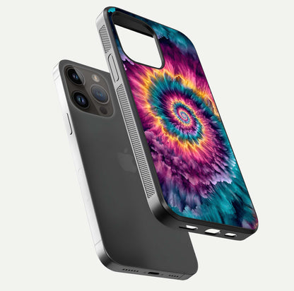 Galactic Spiral Burst Glass Case for iPhone 14 Pro Max floating dual-view mockup displaying light trails and smooth gloss shine