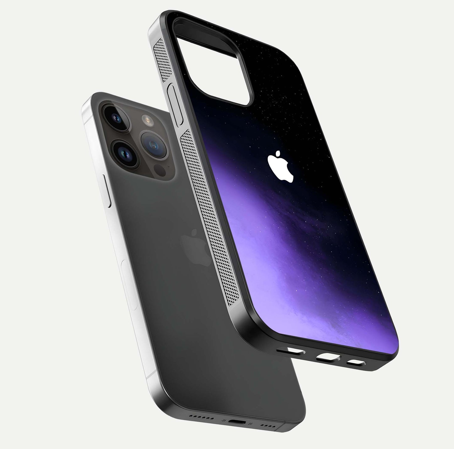 Galaxy Apple Aura Glass Case for iPhone 14 Pro Max floating dual-view mockup highlighting HD gloss and deep space color blend