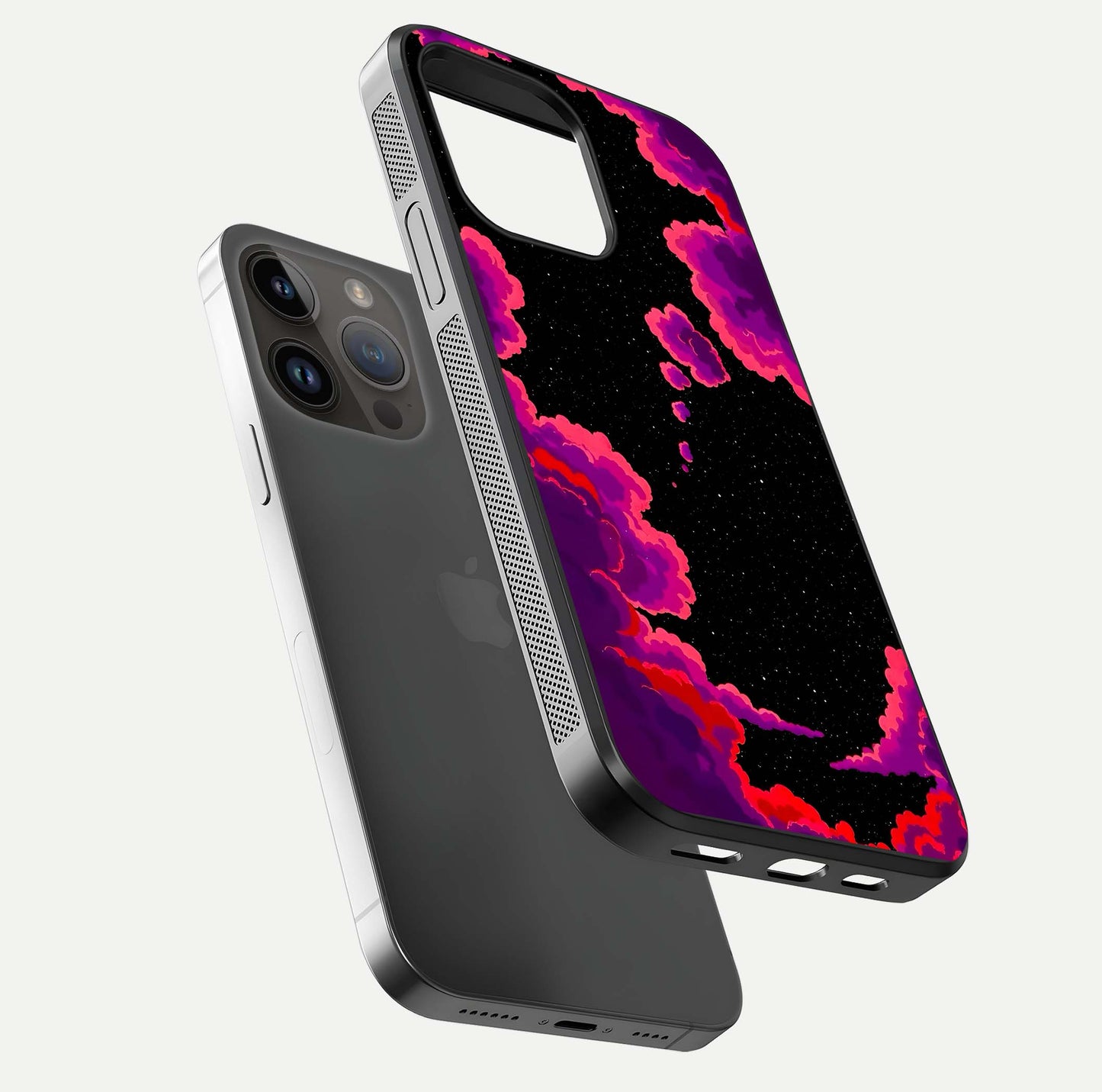 Galaxy Dream Frame Glass Case for iPhone 14 Pro Max floating dual-view mockup showing vibrant gloss and space-themed tones